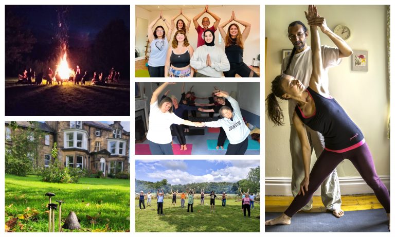 Collage of images showing students in Yoga teacher training and Yoga retreat near Sheffield