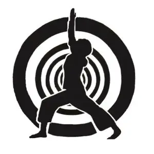 Sun Moon Yoga Logo of man in yoga posture surrounded by black and white circles